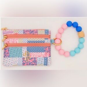 Simply Southern Quilted Pattern Wristlet Wallet with Beaded Bangle - Pink & Blue
